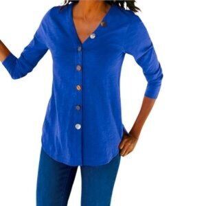 Soft Surroundings Delia Mixed Button‎ V-Neck Tunic Top in Cobalt/Royal Blue
